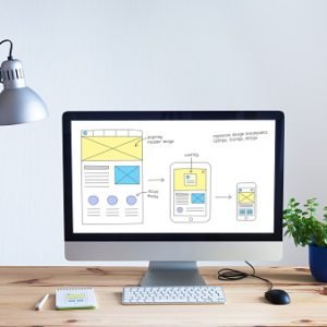 Responsive web design website wireframe sketch layout on computer screen